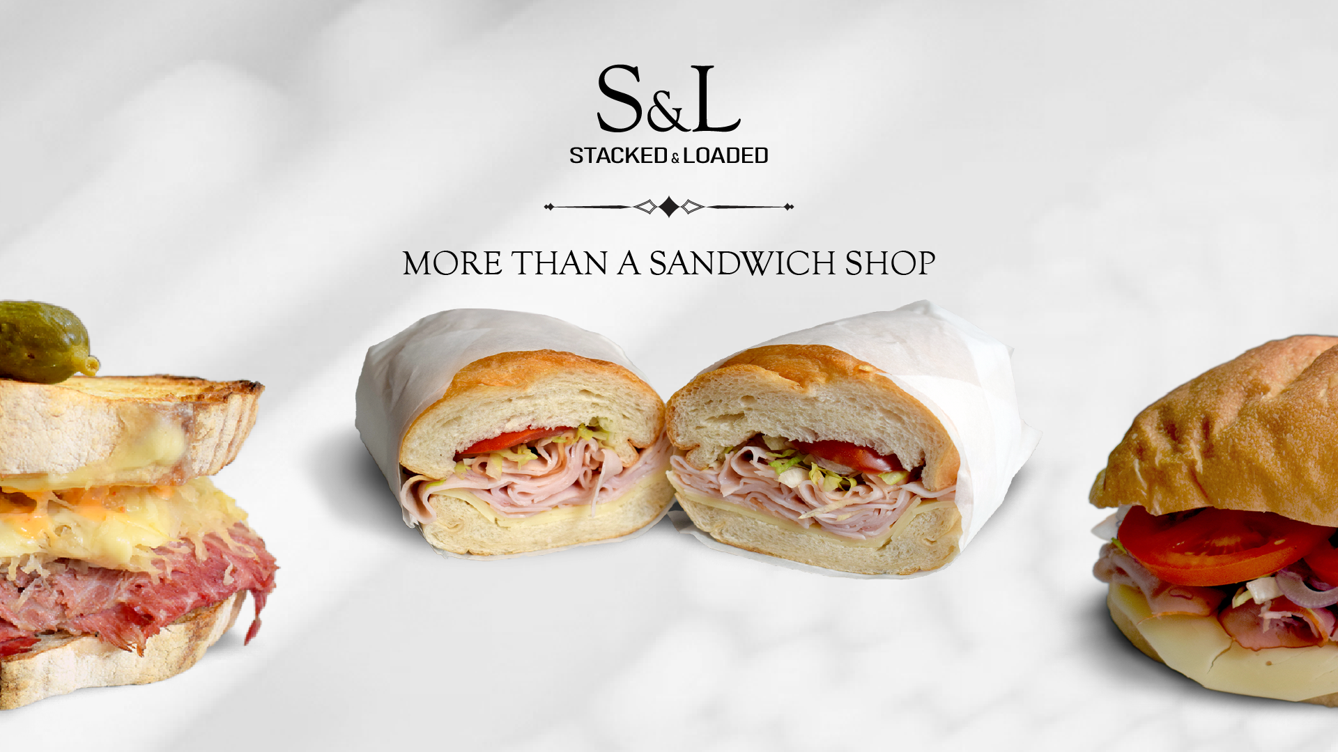 Stacked and loaded wraps and sandwiches shown on white background with a title that says More than a Sandwich Shop