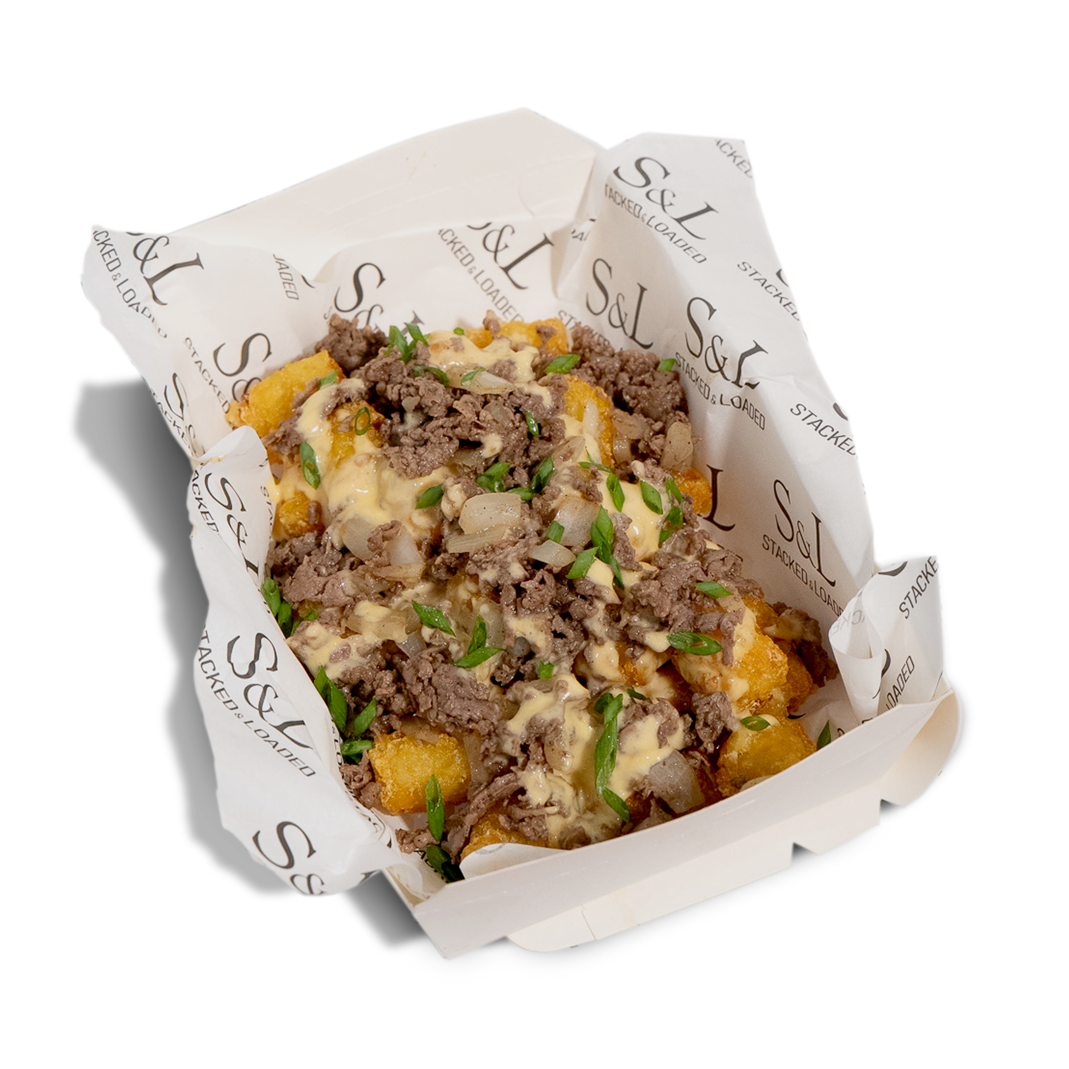 Golden Brown Tater Tots, Chopped Ribeye, Fried Onions, Cheese Sauce