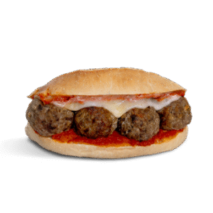 Balls on bread with Homemade Beef and Pork Italian Meatballs, Marinara Sauce, Provolone, Parmesan