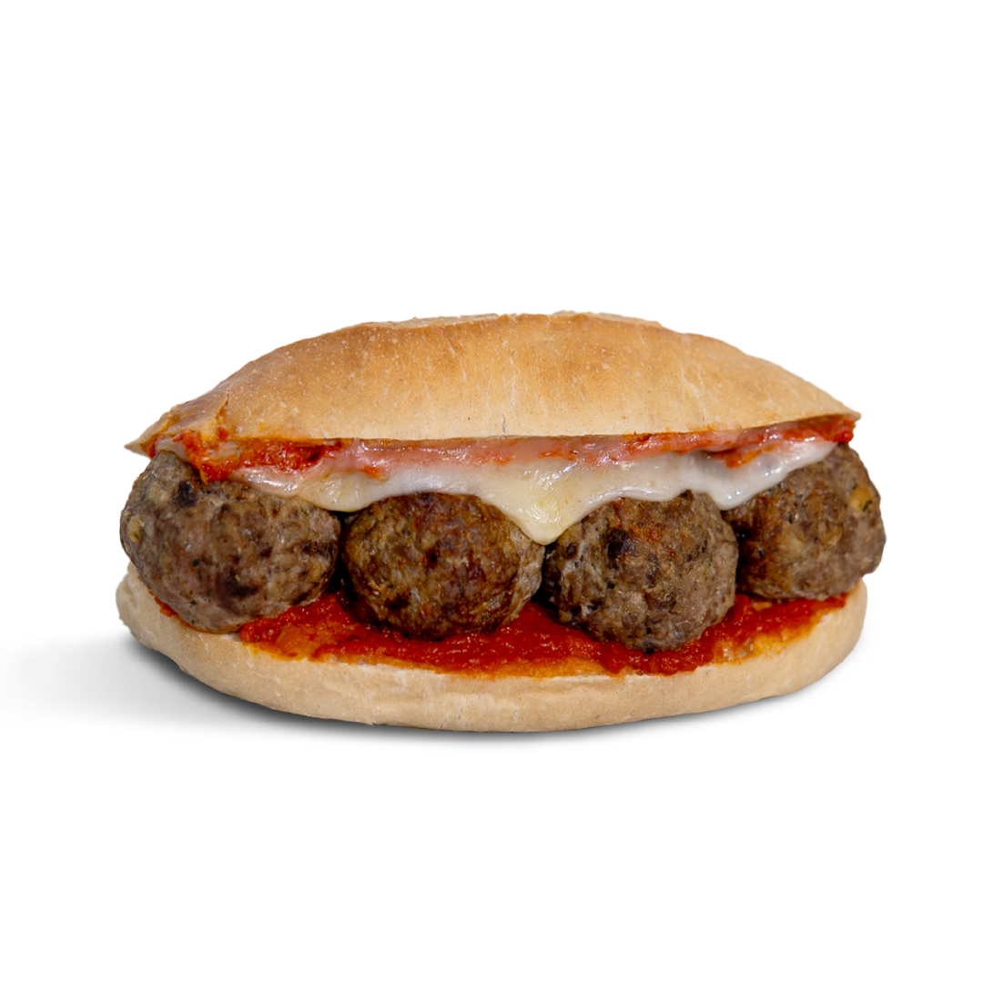 Balls on bread with Homemade Beef and Pork Italian Meatballs, Marinara Sauce, Provolone, Parmesan