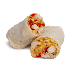 Chicken Philly Wrap with 300g Thinly Sliced Chicken Breast, Fried Onions, Bell Peppers,, Provolone or American Chedder