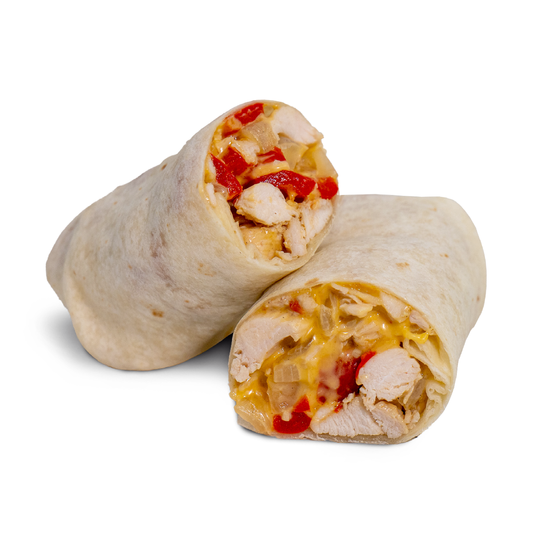 Chicken Philly Wrap with 300g Thinly Sliced Chicken Breast, Fried Onions, Bell Peppers,, Provolone or American Chedder