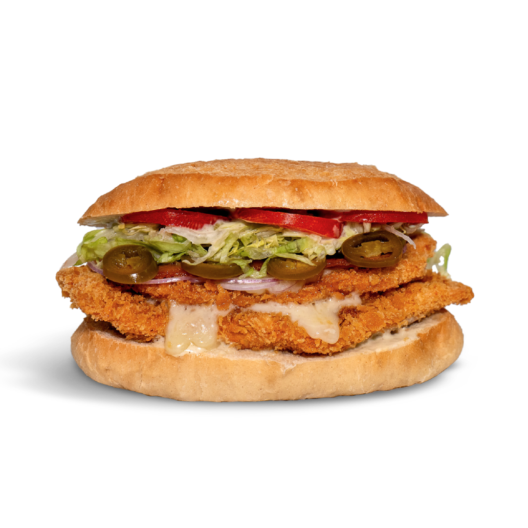 Dirty Mother Clucker with Fried Chicken Cutlet, American Bacon, Provolone or American Cheddar, Ranch Dressing, Jalapeño, Lettuce, Tomato, Red Onion